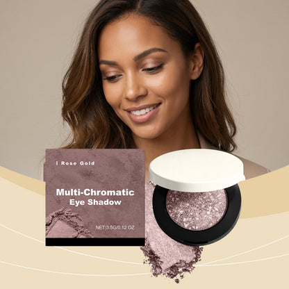 Rose gold multi-chromatic 3D eye shadow compact with glitter pan and smiling model