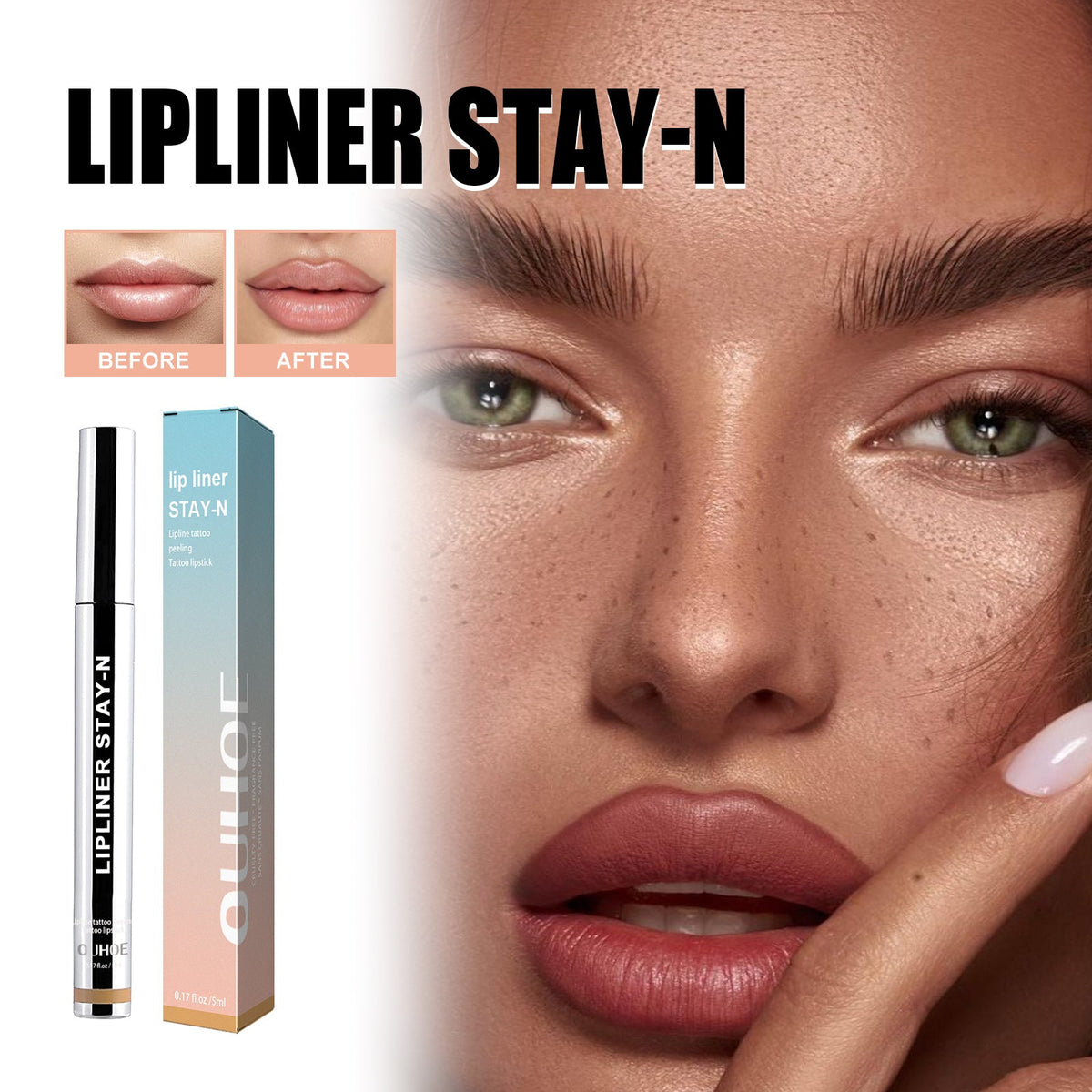 Peel-off lip liner in warm brown, applicator stick and light-blue box with lip closeup