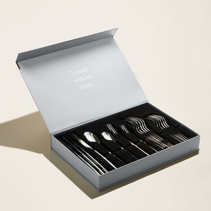 Silver flatware set in an open presentation box