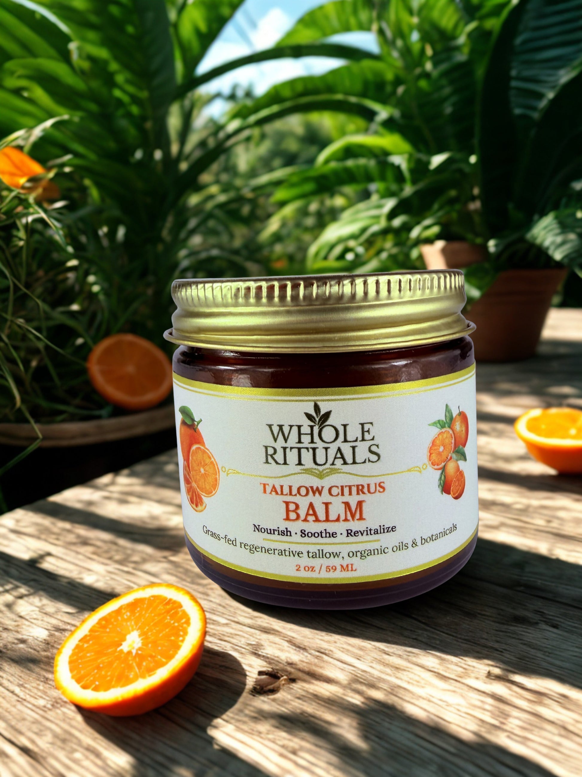 Tallow citrus balm jar with gold lid on wood surface, citrus slices and leaves nearby