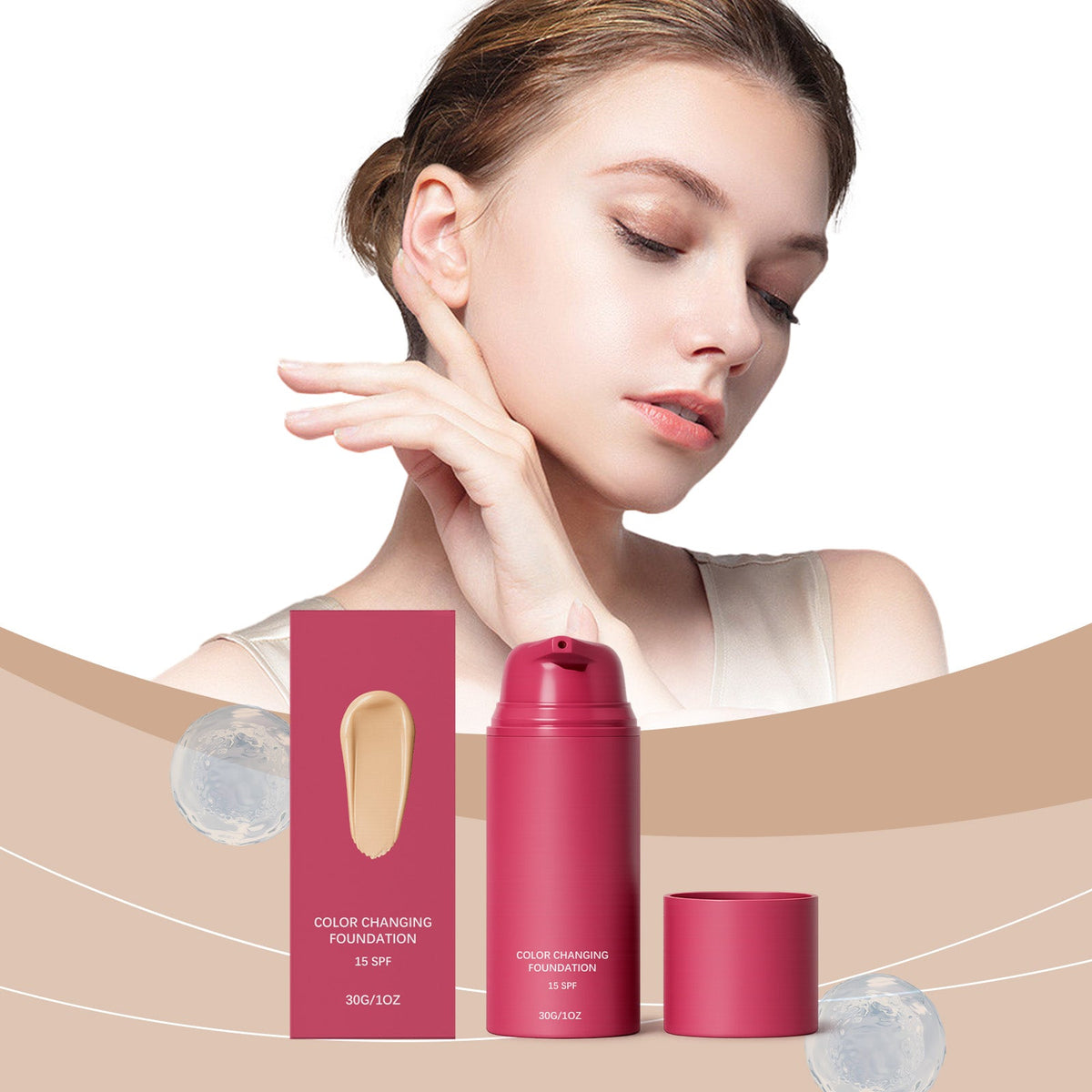 Thermo-responsive foundation natural shade, pink bottle and jar with product box in front