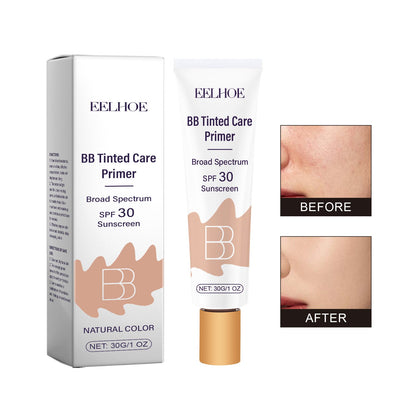 Sunscreen BB cream tube and box, Natural color, SPF 30 with before/after