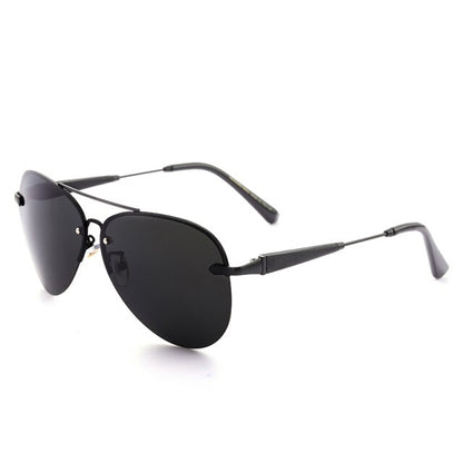 Men's black sunglasses, oval dark lenses with slim metal frame and curved temples