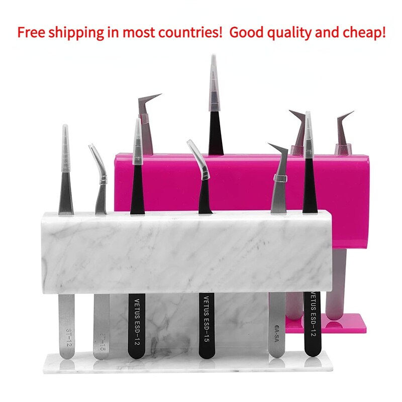 White acrylic eyelash tweezer holder with two shelves and upright insert slots