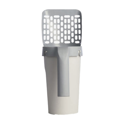 Cat litter scoop with gray handle and perforated sifter on white bucket