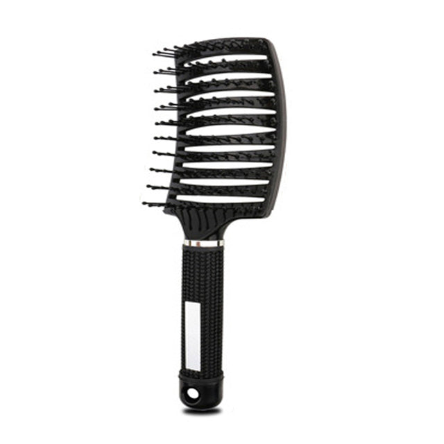 Black massage hair comb with pin tips and dark gray textured handle