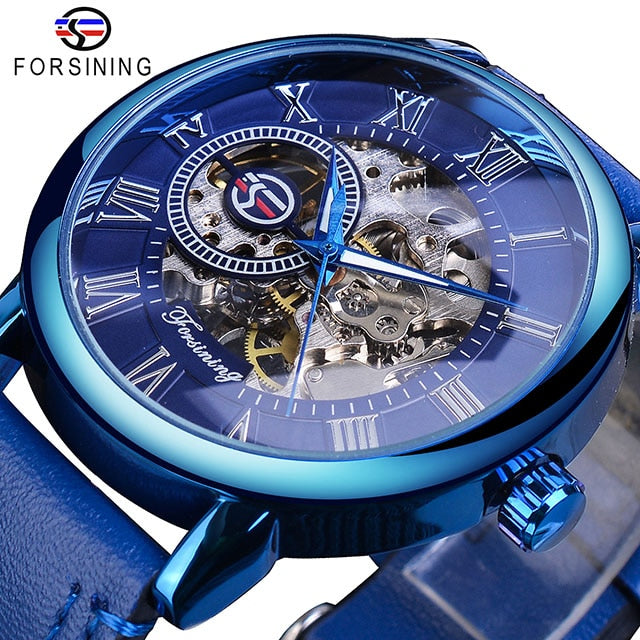 Men mechanical watch, blue case, blue skeleton dial, blue leather strap