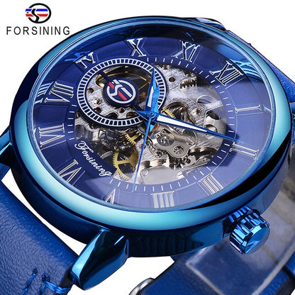 Men mechanical watch, blue case, blue skeleton dial, blue leather strap