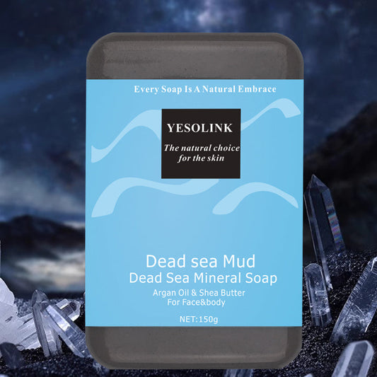 Dark gray bar soap with blue Dead sea mud mineral label, 150g