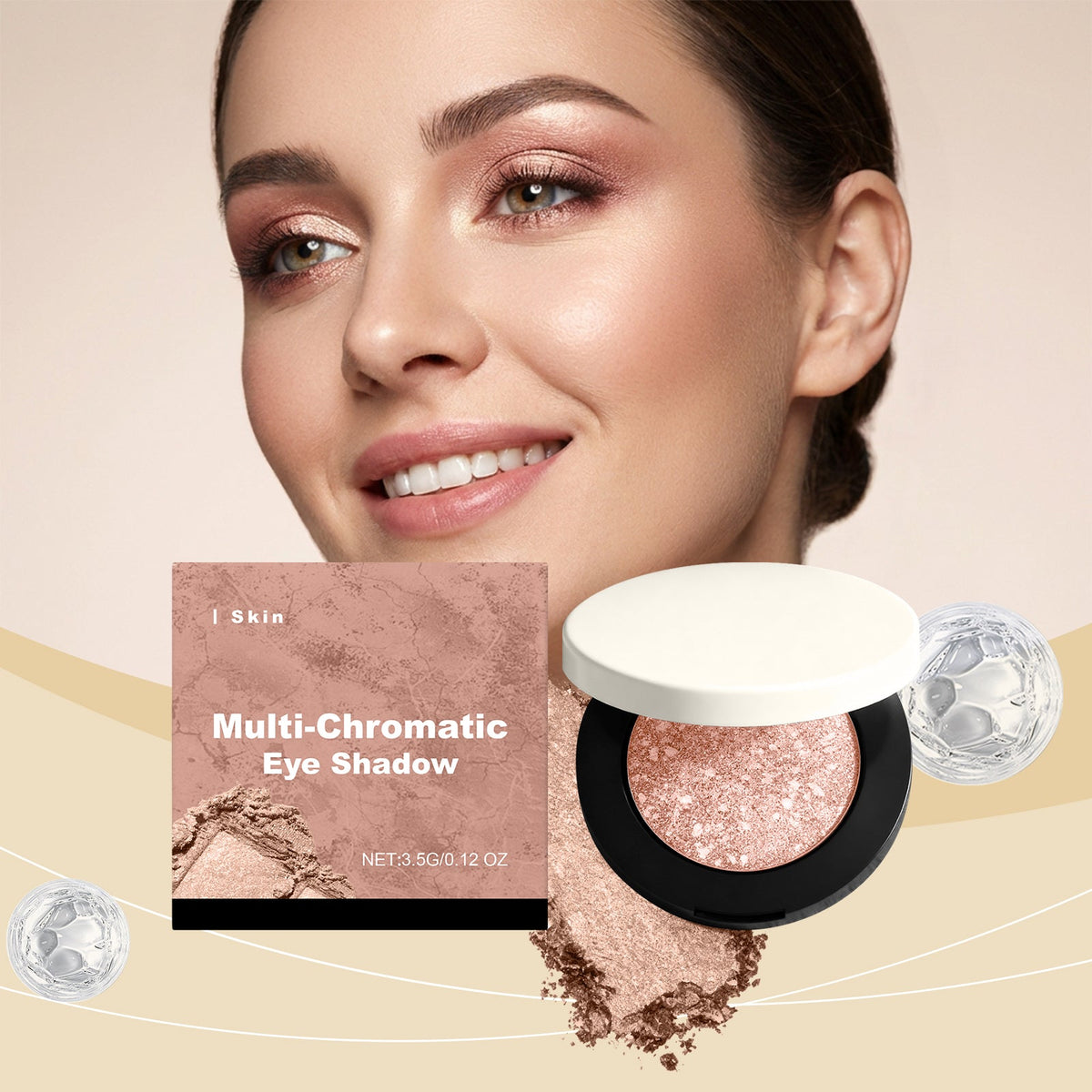 Rose-gold 3D eye shadow compact with black pan holder and white lid