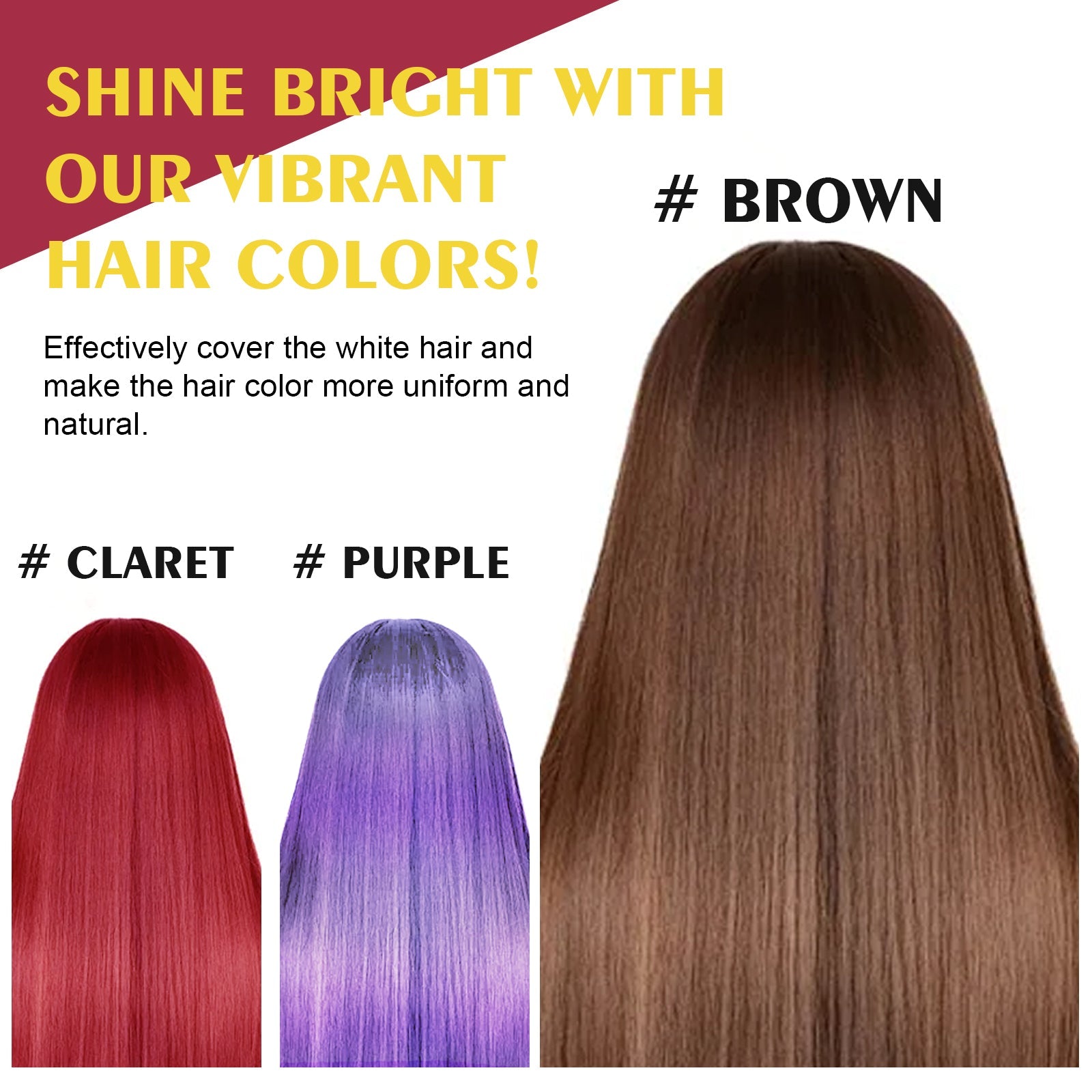 Hair color shade card showing deep red, purple, and brown hair swatches