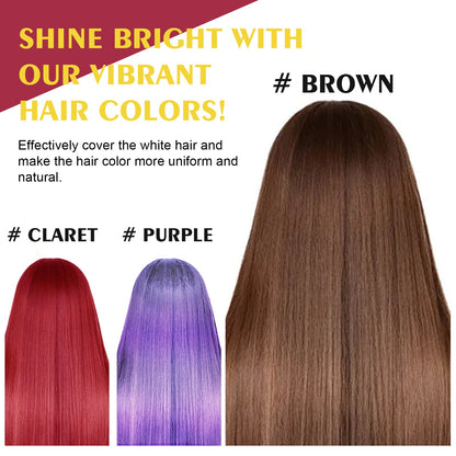 Hair color shade card showing deep red, purple, and brown hair swatches