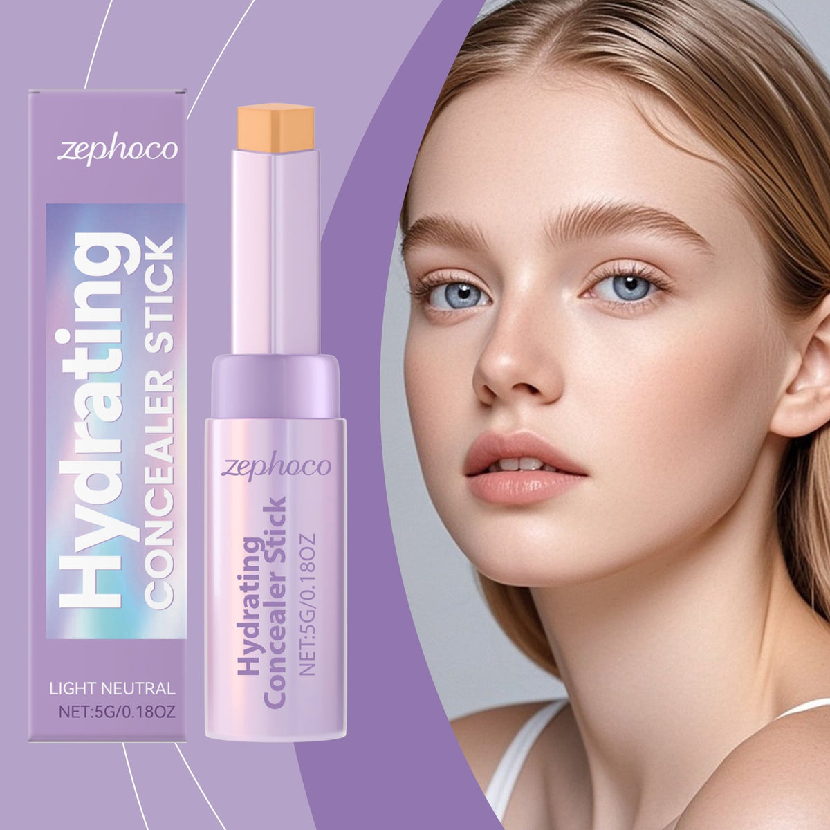 Zephco hydrating concealer stick, light neutral shade, angled close-up, lavender tube and orange cap