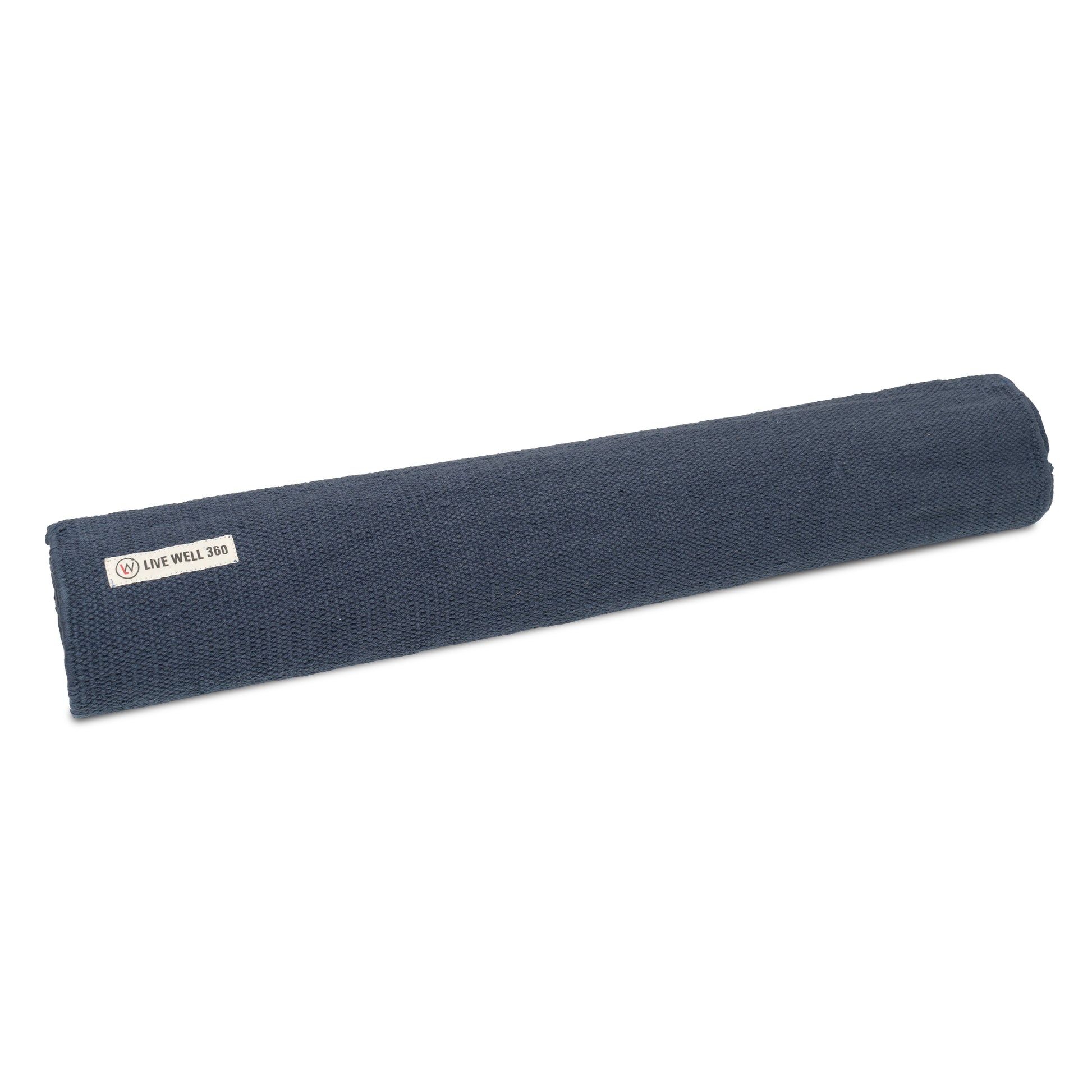 Organic cotton yoga mat, dark gray rolled with fabric label at side.
