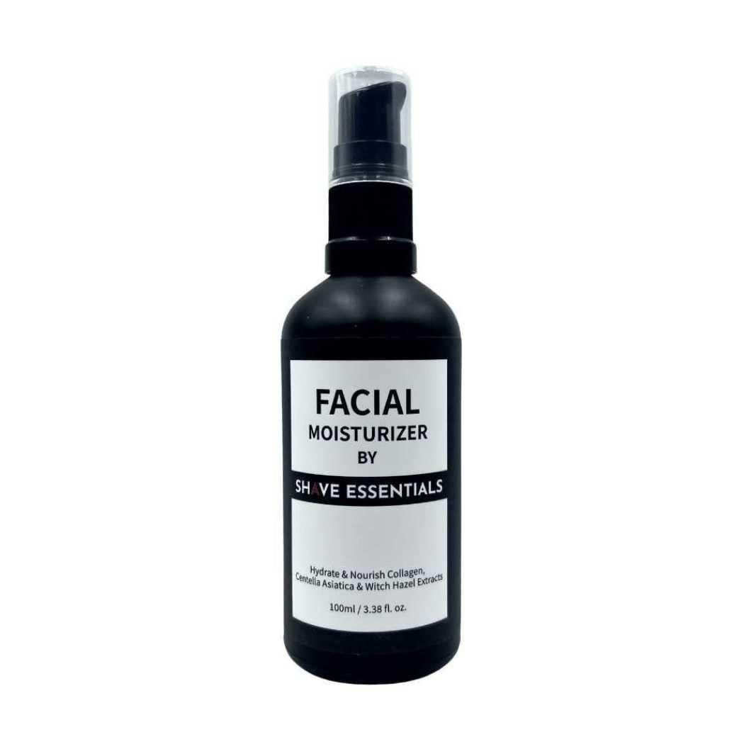 Moisturizer bottle with pump top and front label reading Facial Moisturizer