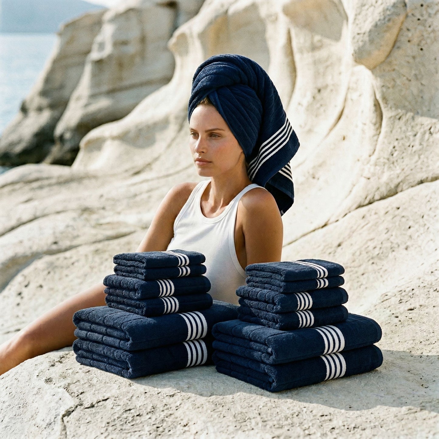 Navy cotton towels with white striped borders, stacked beside a model.