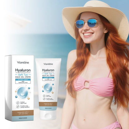 Self-tan aqua gel cream tube and box, with blue droplet graphics, 100 g size.