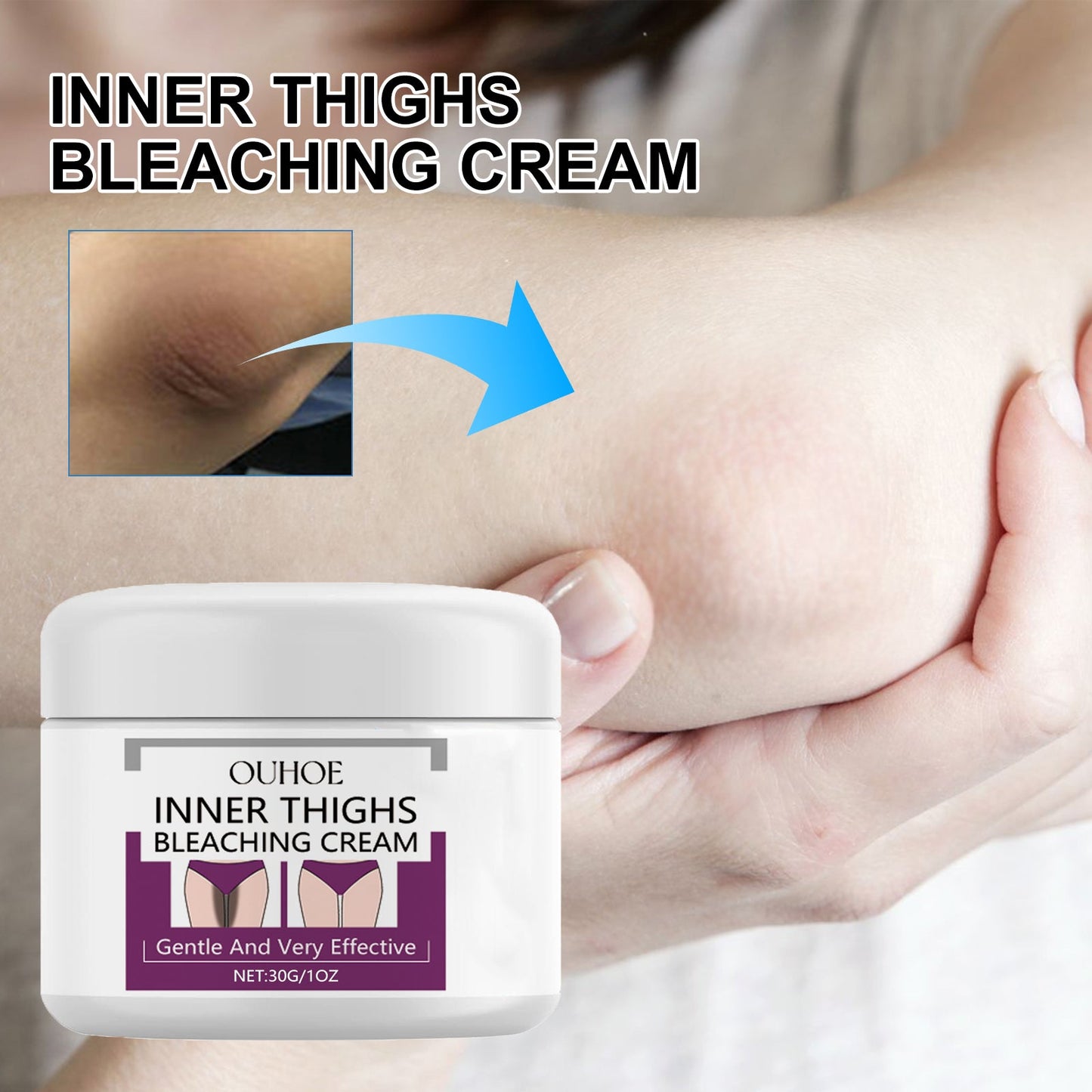 Inner-thigh brightening cream jar beside applied cream on thigh