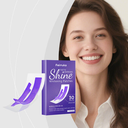 Teeth whitening patches box with purple “30” panel and curved patch icon