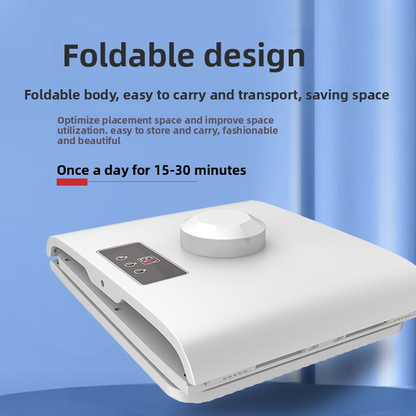 Foldable white skincare device on flat base with circular top cap and control strip