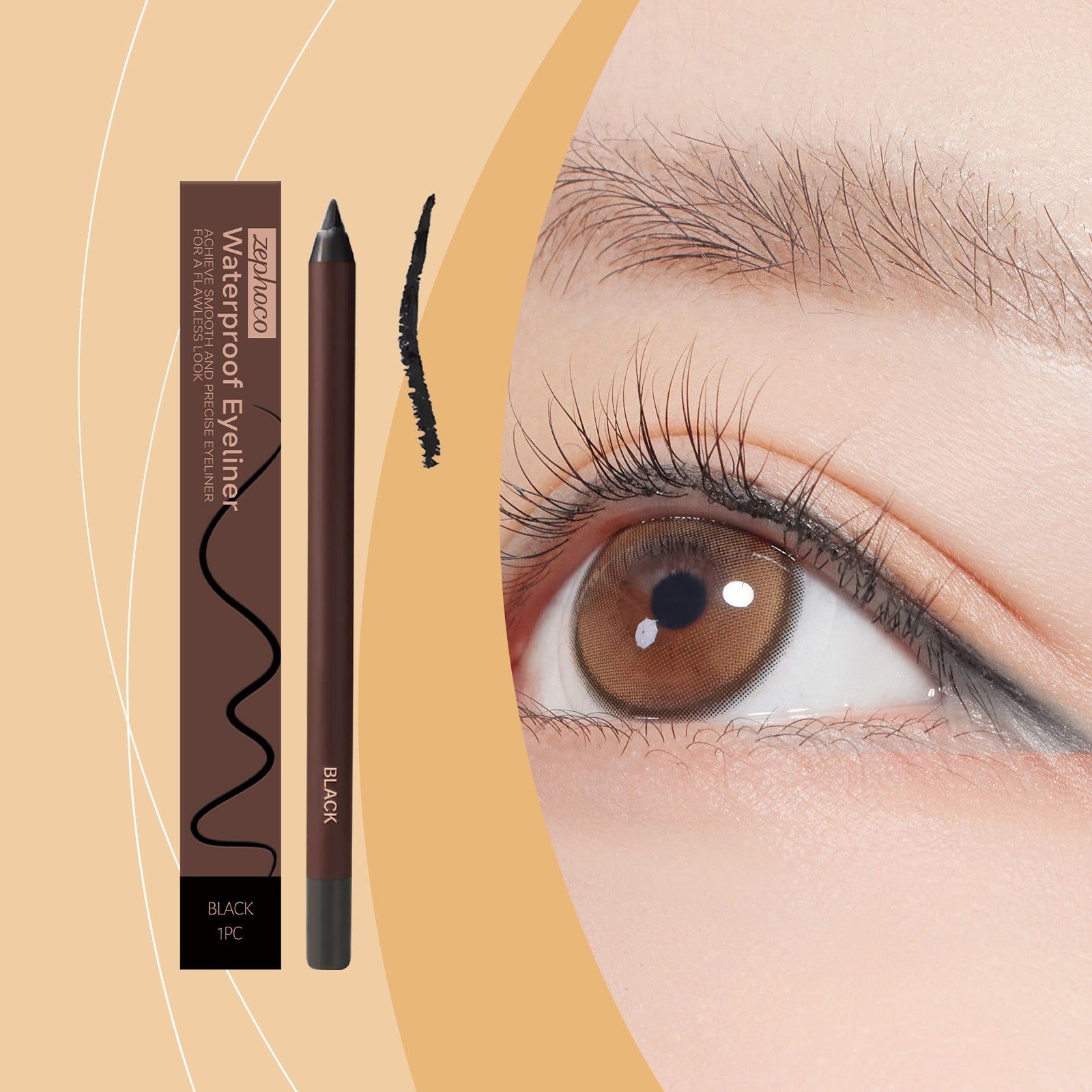 Black waterproof eyeliner pencil beside a close-up eye with a sharp, dark eyeliner line