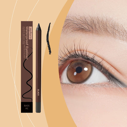 Black waterproof eyeliner pencil beside a close-up eye with a sharp, dark eyeliner line