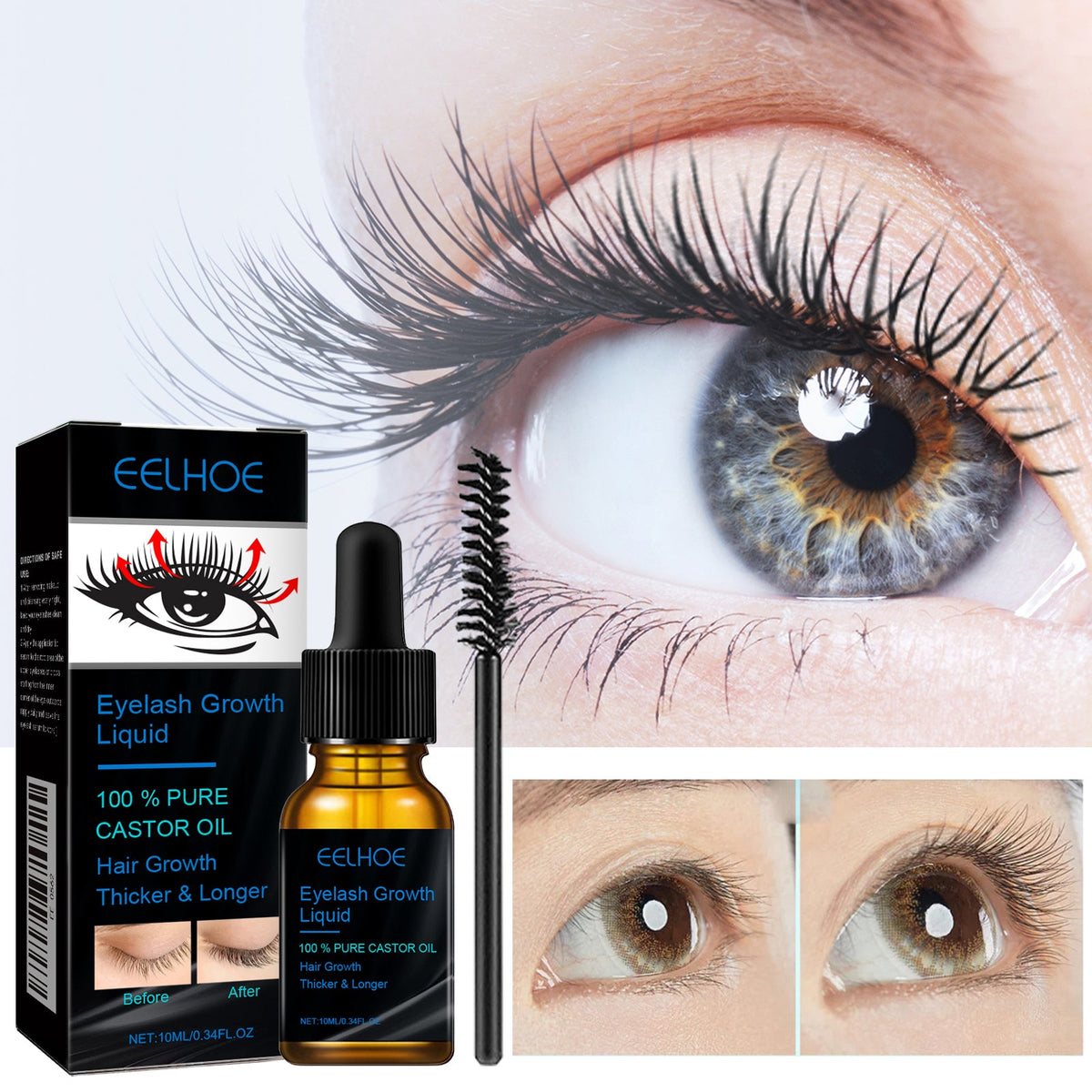 Eyelash serum with dropper bottle and brush applicator beside close-up eye