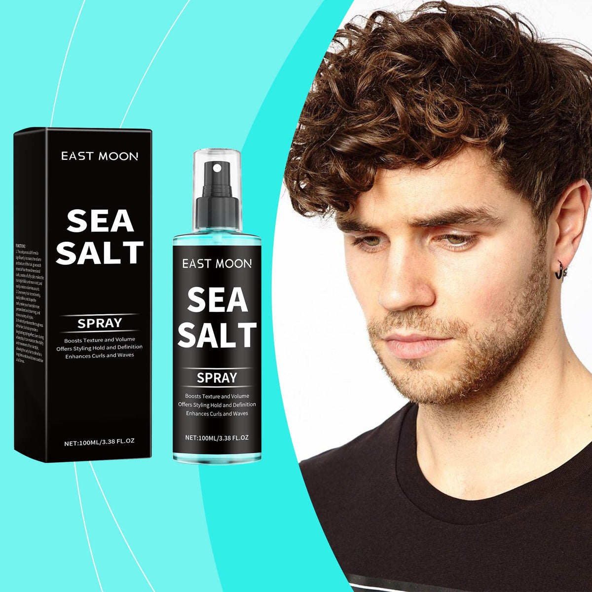 Sea Salt spray bottle with pump next to black Sea Salt carton