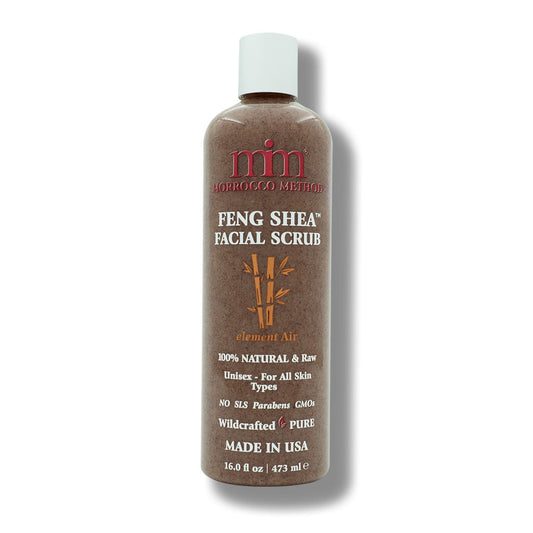 Feng Shea facial scrub bottle with brown liquid and white cap, front label
