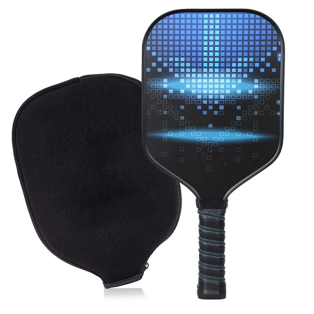 Pickleball paddle set with one black paddle and blue grid face