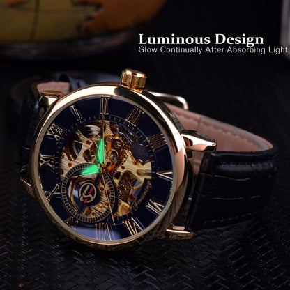 Men mechanical watch, rose-gold case, dark skeleton dial, black leather strap