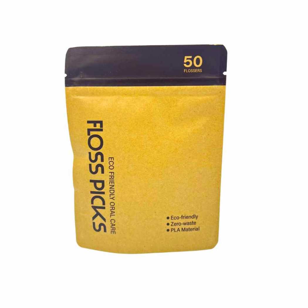 Floss picks pouch, 50 flossers in yellow-brown resealable bag