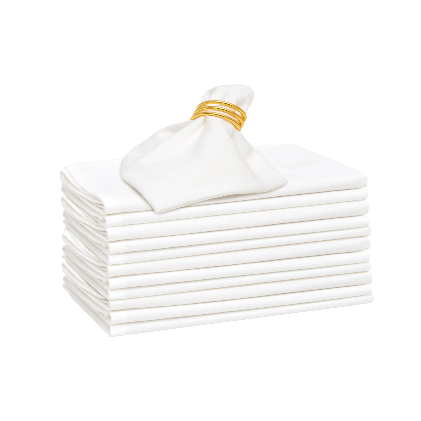 Flour sack napkins, white, neatly stacked with gold ribbon tie