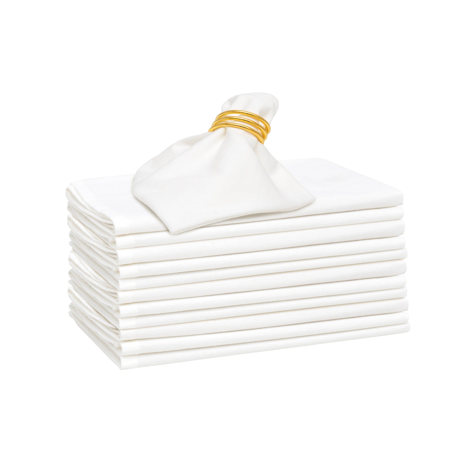 Flour sack napkins, white, neatly stacked with gold ribbon tie