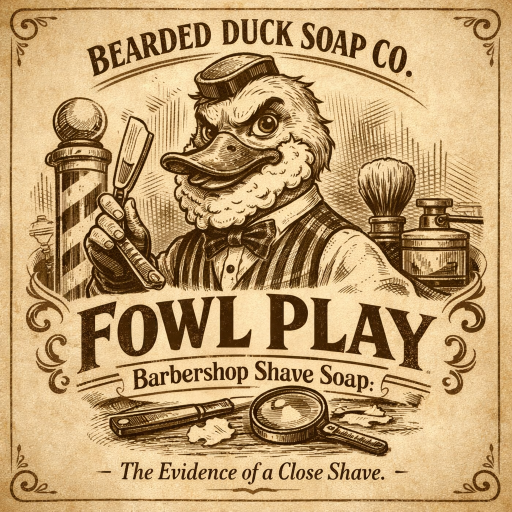 Fowl Play shave soap tin label with bearded duck and barbershop shaving design