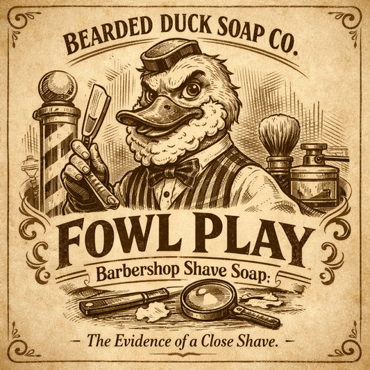 Fowl Play shave soap tin label with bearded duck and barbershop shaving design