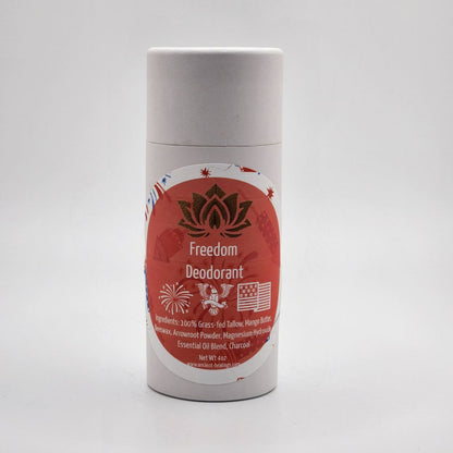 Tallow deodorant stick labeled Freedom with a red patriotic-themed label and icons.