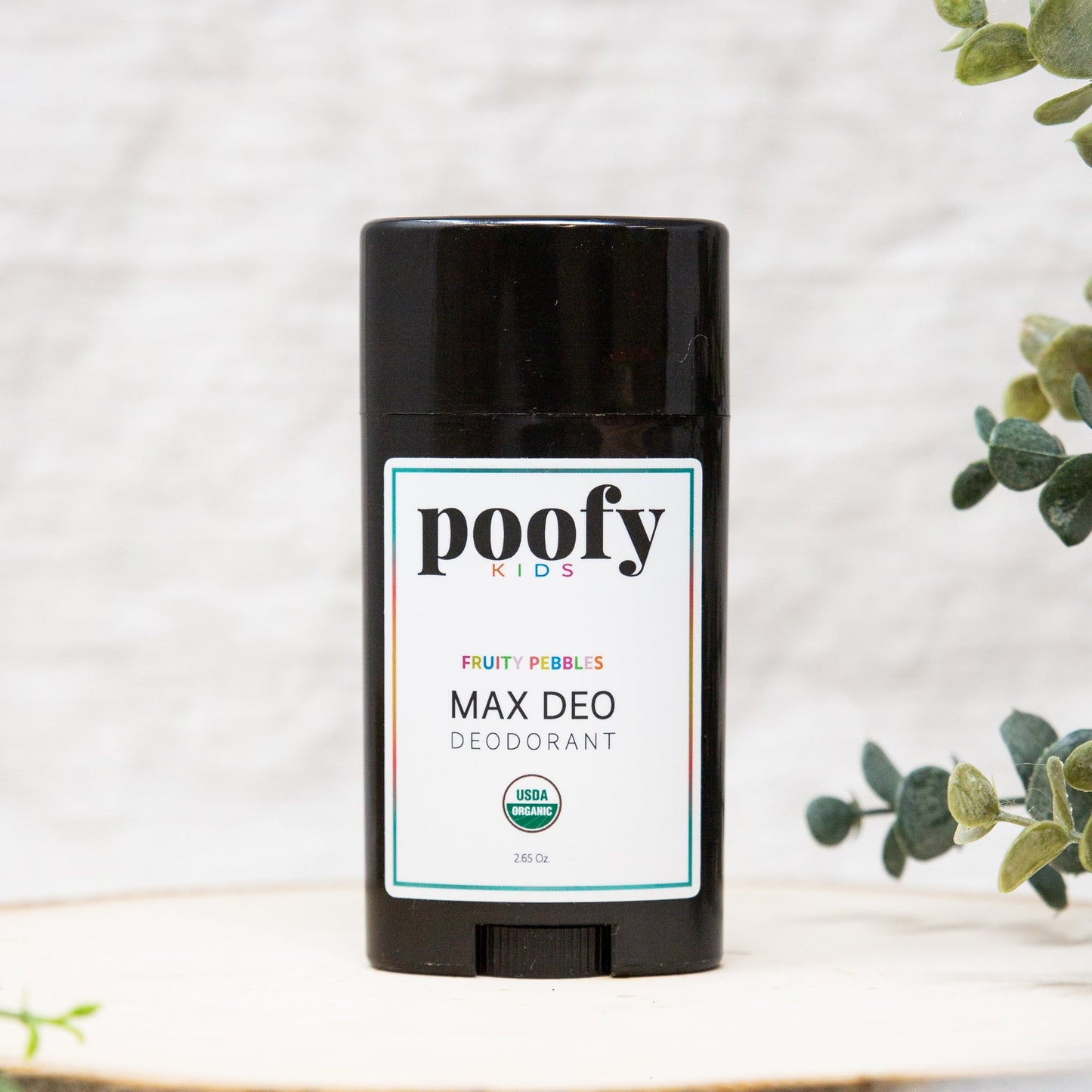Poofy Kids Fruity Pebbles max deo deodorant stick, black cap, label front