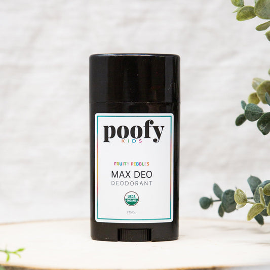 Poofy Kids Fruity Pebbles max deo deodorant stick, black cap, label front