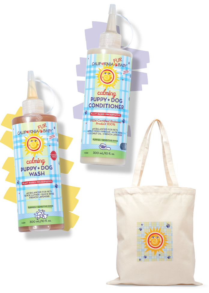 Calming puppy and dog wash and conditioner bottles set with beige tote bag
