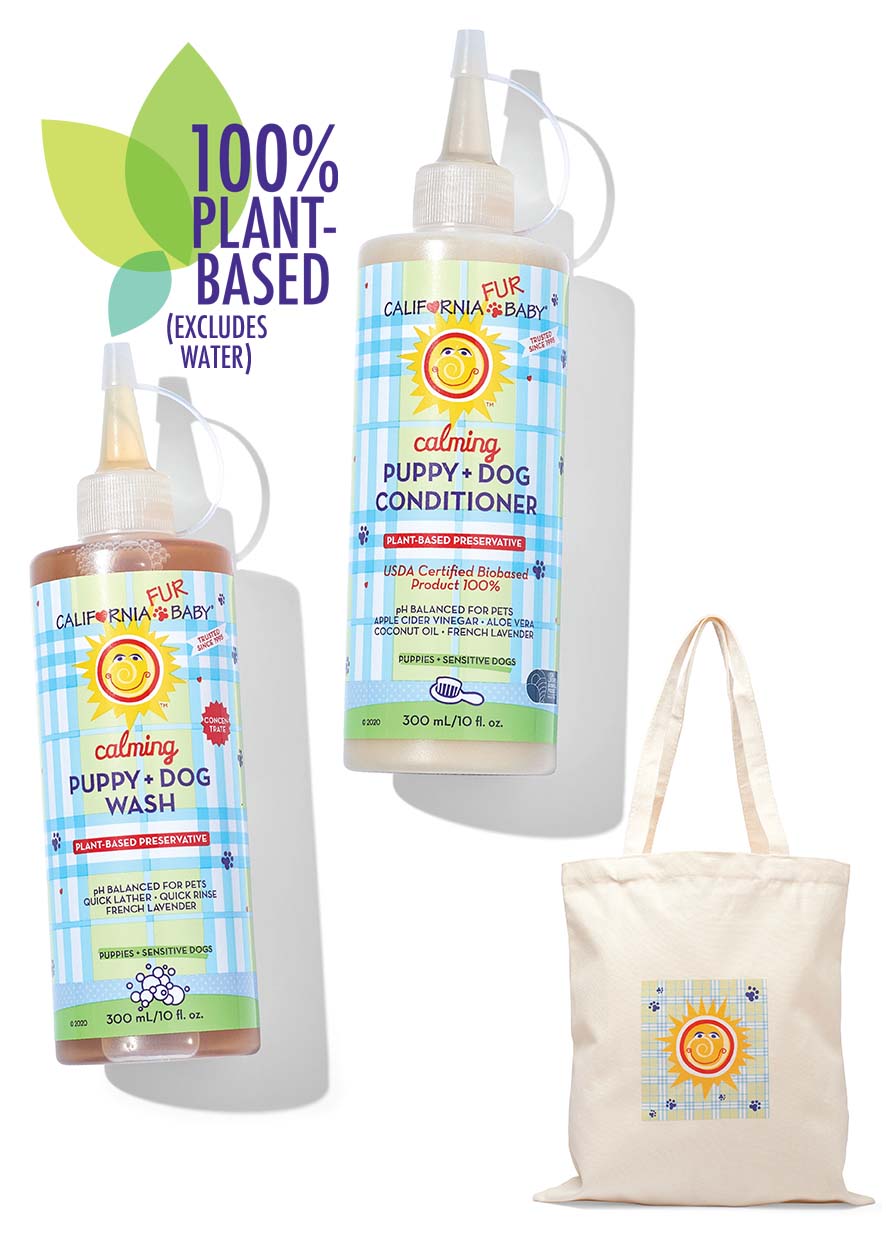 Calming puppy and dog wash bottles and conditioner bottle set, with cream tote bag