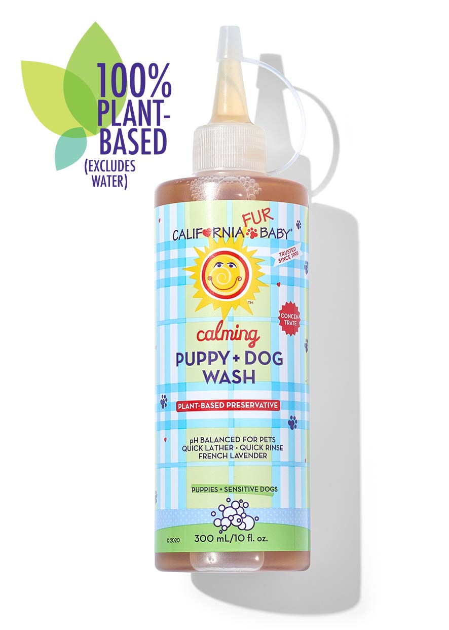 Calming puppy and dog wash bottle with amber liquid and flip-top pump dispenser