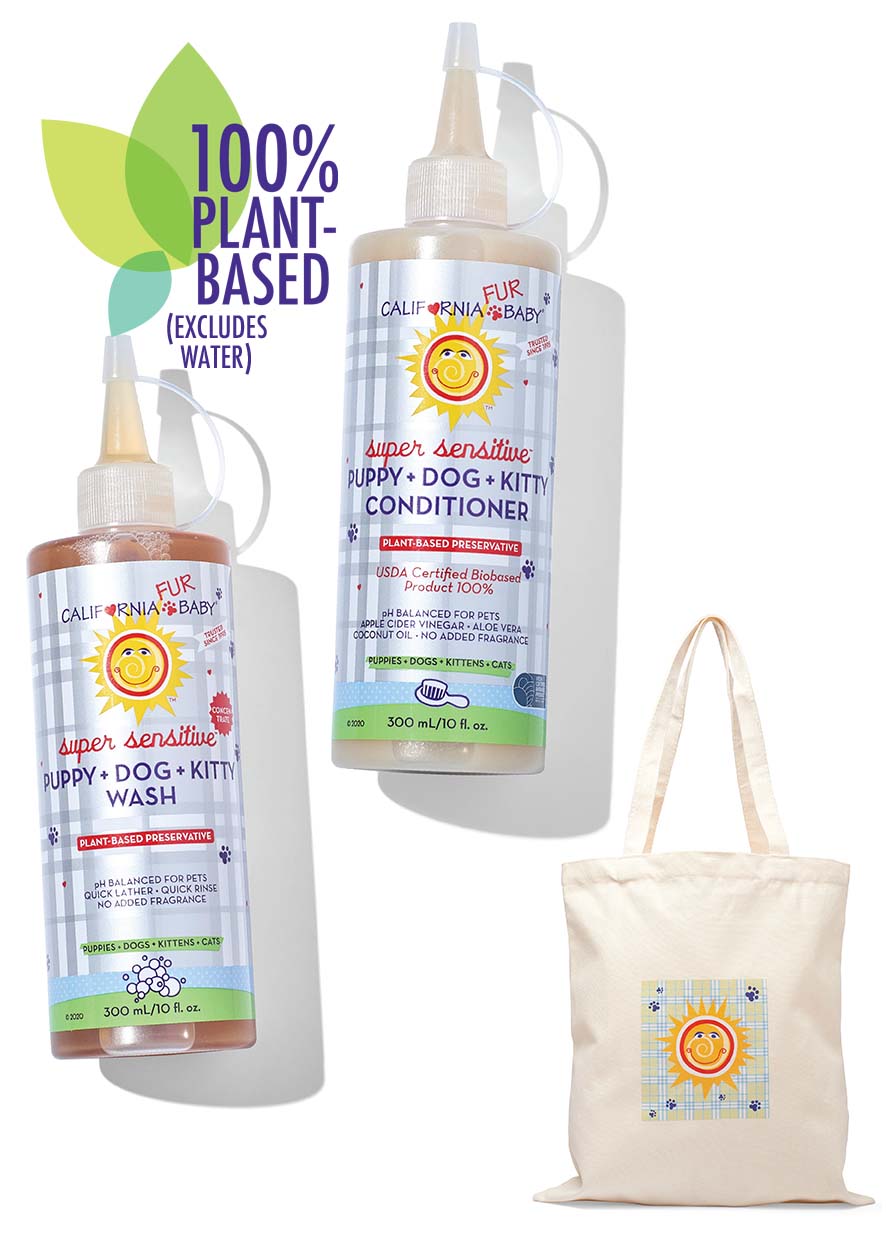 Pet wash and conditioner set: two pump bottles plus beige tote bag