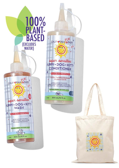 Pet wash and conditioner set: two pump bottles plus beige tote bag