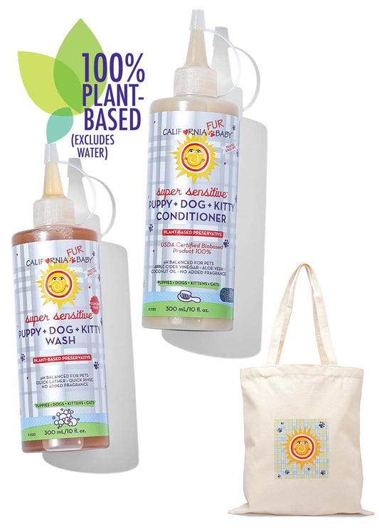 Pet wash and conditioner set: two pump bottles plus beige tote bag