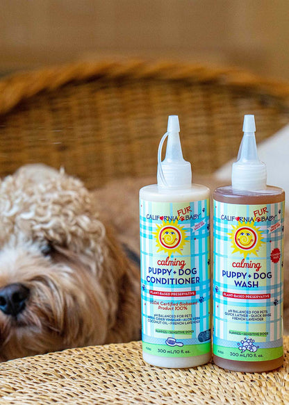 Calming puppy and dog conditioner and wash bottles with flip-top caps