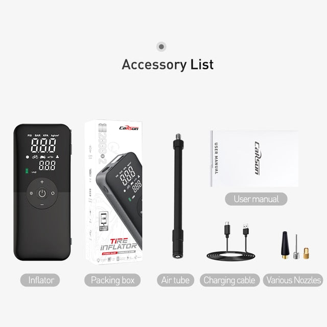 Black portable inflator pump and included accessories shown on a labeled accessory layout.