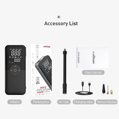 Black portable inflator pump and included accessories shown on a labeled accessory layout.