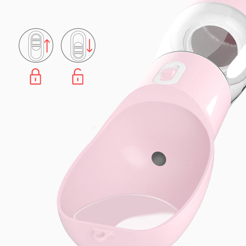 Pet dog water feeder bottle, pink with lid and button control on base
