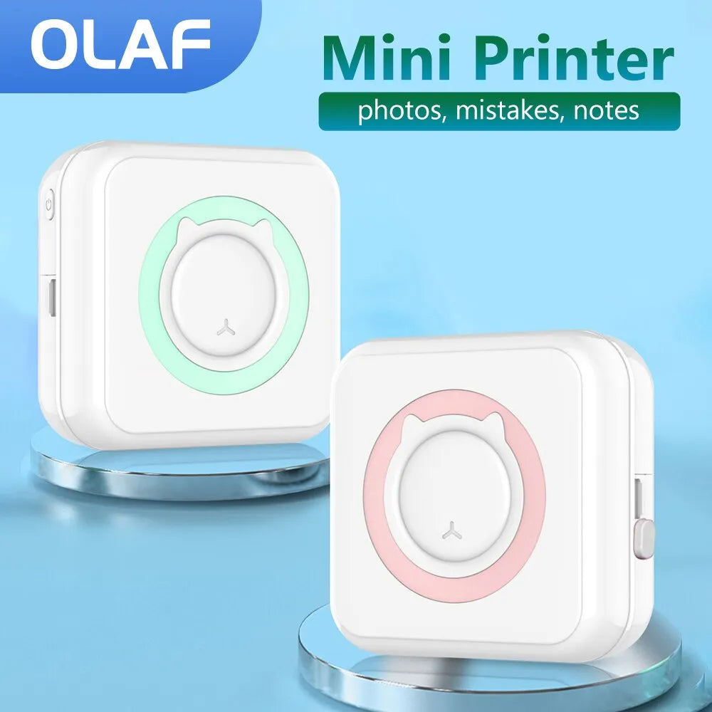 Portable thermal sticker mini printer with mint-green accent ring on white body